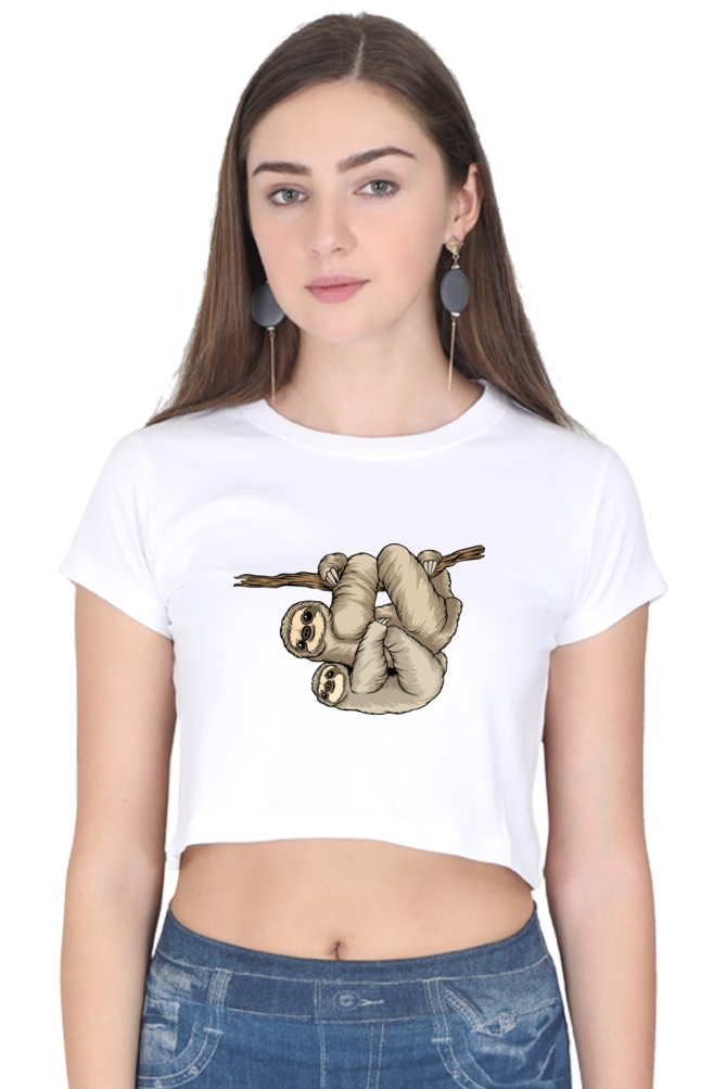Women Sloth Crop Top - back smile hug