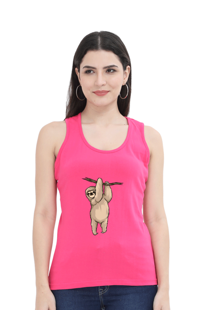 Women Sloth Tank Top - hanging posed sloth