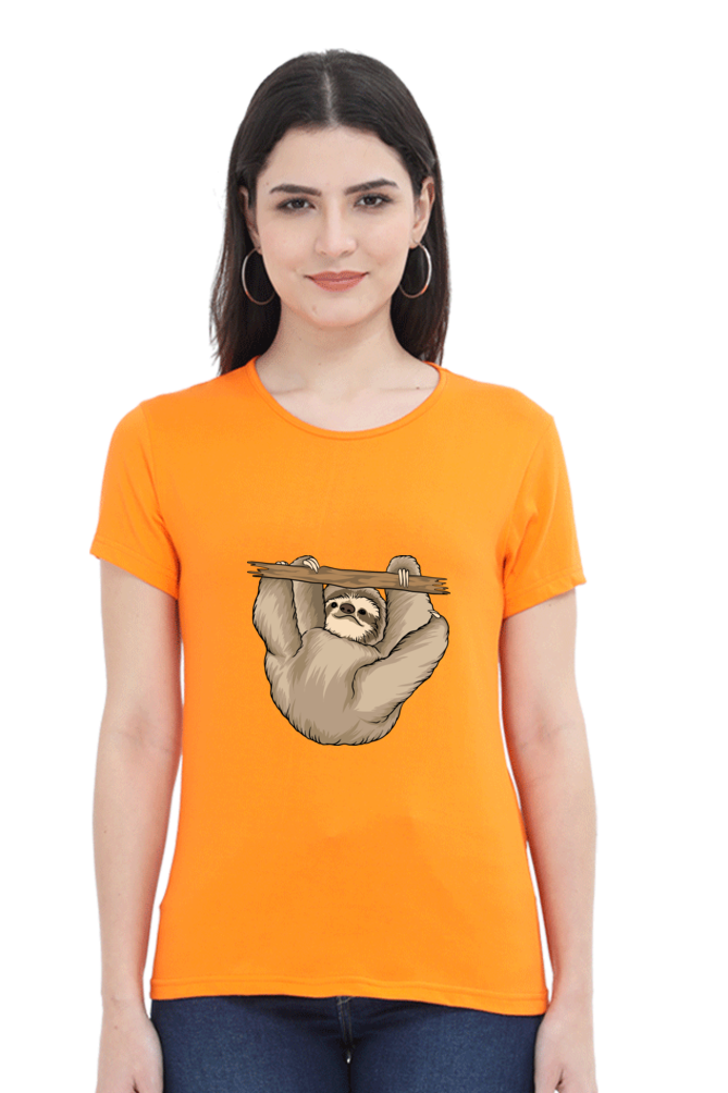 Women’s Round Neck Printed Sloth T-Shirts -  baby sloth playing
