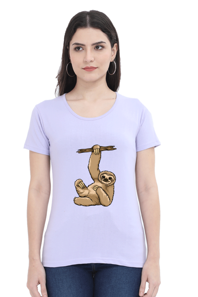 Women’s Round Neck Printed Sloth T-Shirts -  lazy baby sloth