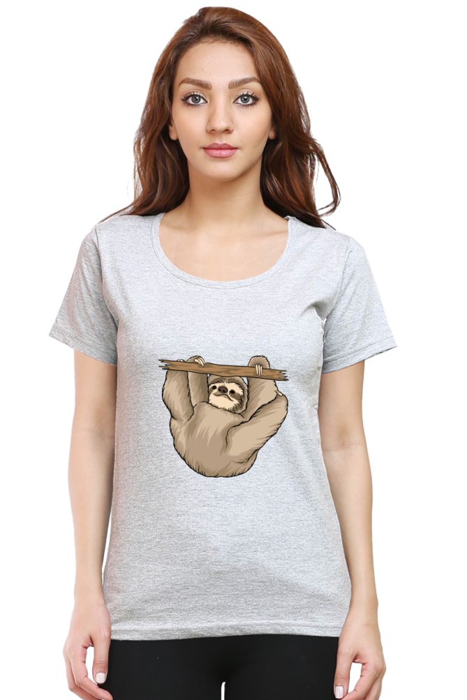 Women’s Round Neck Printed Sloth T-Shirts -  baby sloth playing