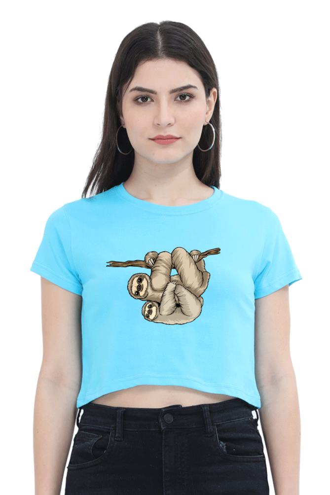 Women Sloth Crop Top - back smile hug