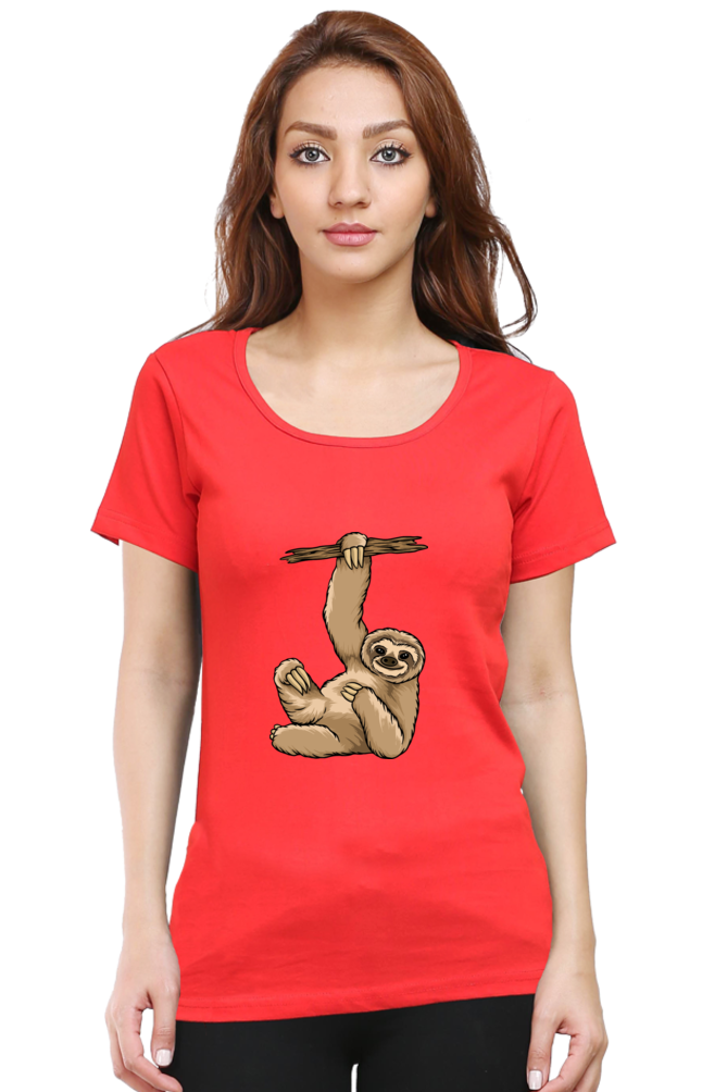 Women’s Round Neck Printed Sloth T-Shirts -  lazy baby sloth