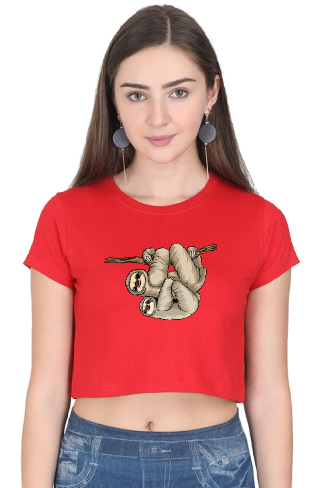 Women Sloth Crop Top - back smile hug