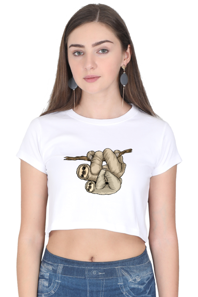 Women Sloth Crop Top - back smile hug