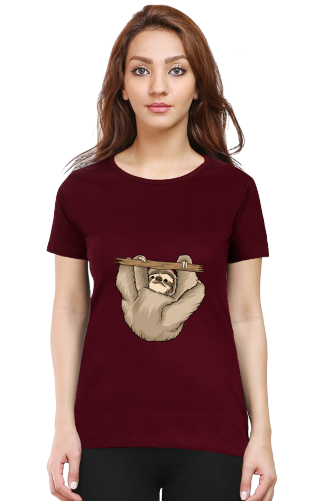 Women’s Round Neck Printed Sloth T-Shirts -  baby sloth playing