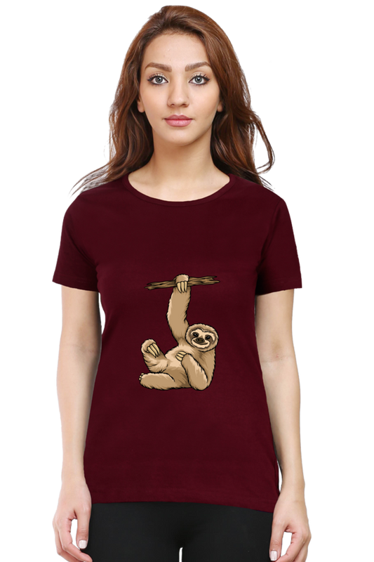 Women’s Round Neck Printed Sloth T-Shirts -  lazy baby sloth
