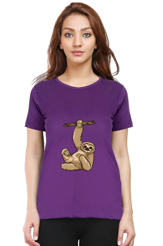 Women’s Round Neck Printed Sloth T-Shirts -  lazy baby sloth