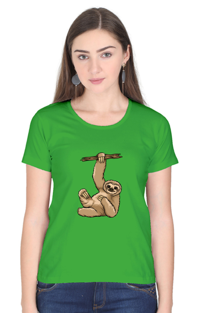 Women’s Round Neck Printed Sloth T-Shirts -  lazy baby sloth