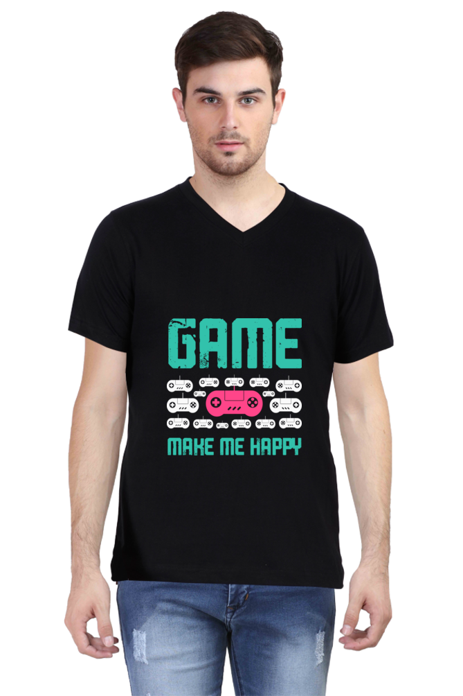 Men's Gamer V Neck T-Shirt - Happy