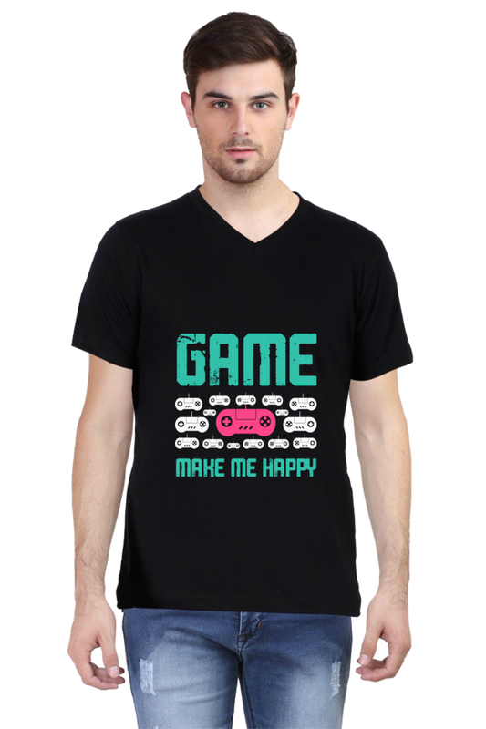 Men's Gamer V Neck T-Shirt - Happy
