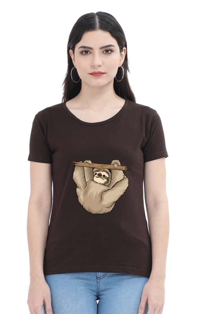 Women’s Round Neck Printed Sloth T-Shirts -  baby sloth playing