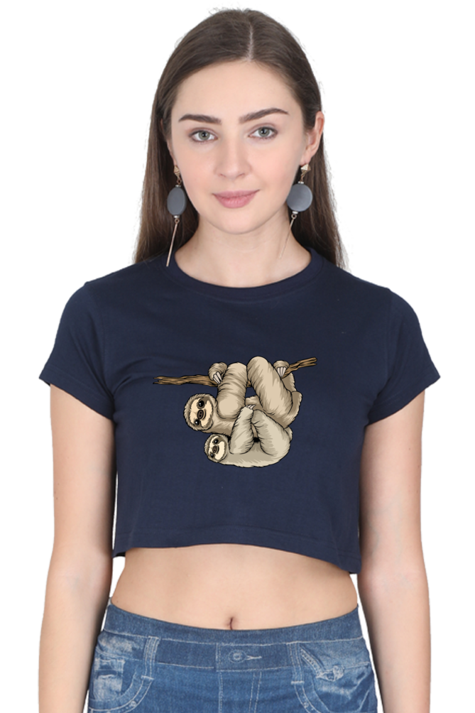 Women Sloth Crop Top - back smile hug