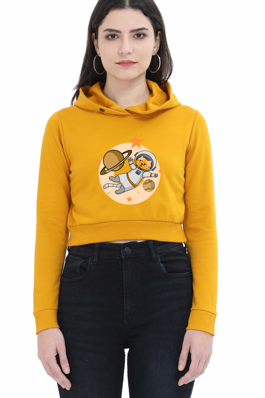 Women Animal's & Monster's Crop Hoodies - cat around space