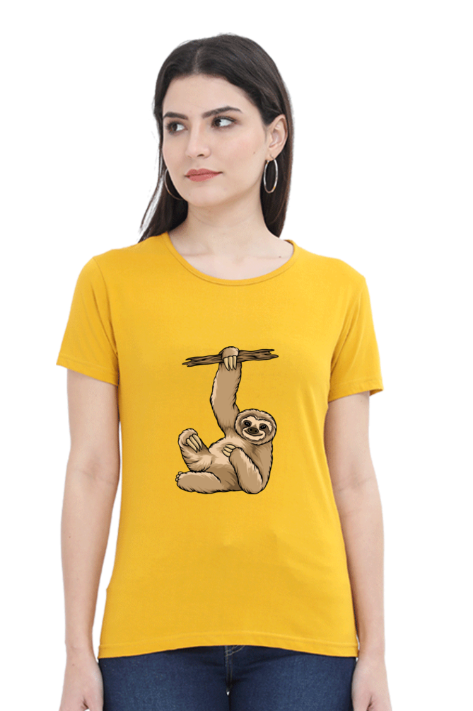 Women’s Round Neck Printed Sloth T-Shirts -  lazy baby sloth