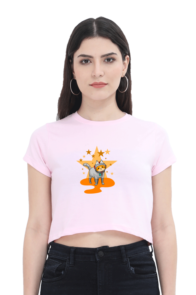 Women Animal's & Monster's  Crop Top -  stars & cat