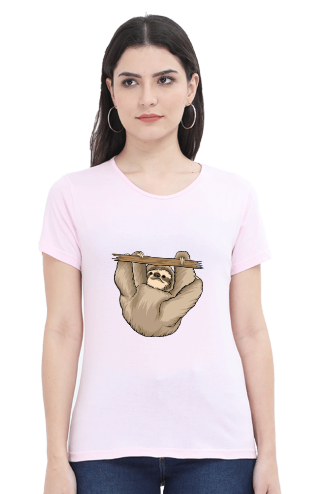Women’s Round Neck Printed Sloth T-Shirts -  baby sloth playing