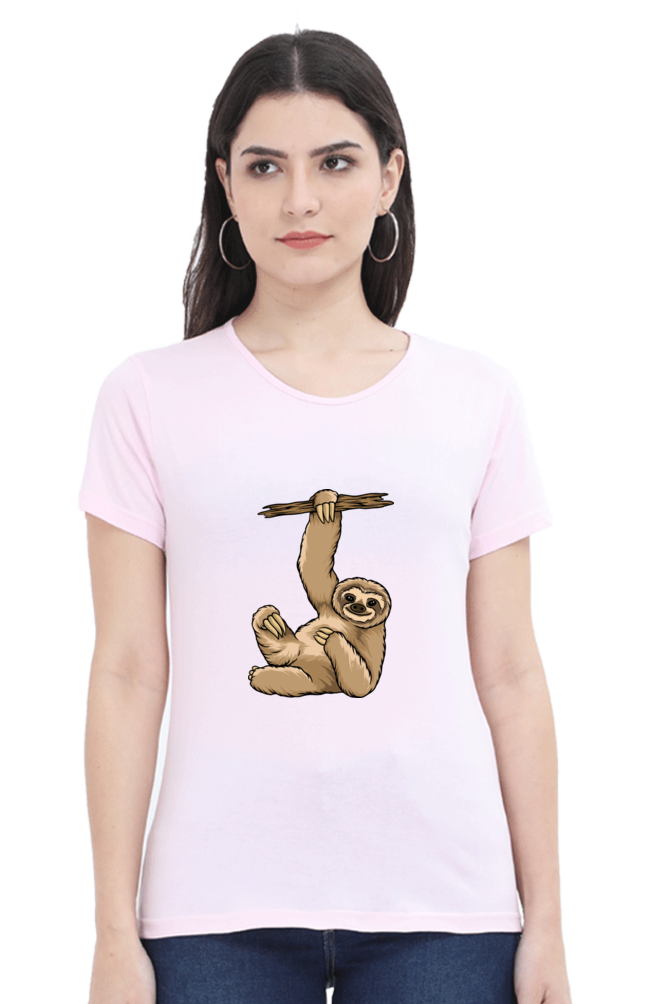 Women’s Round Neck Printed Sloth T-Shirts -  lazy baby sloth