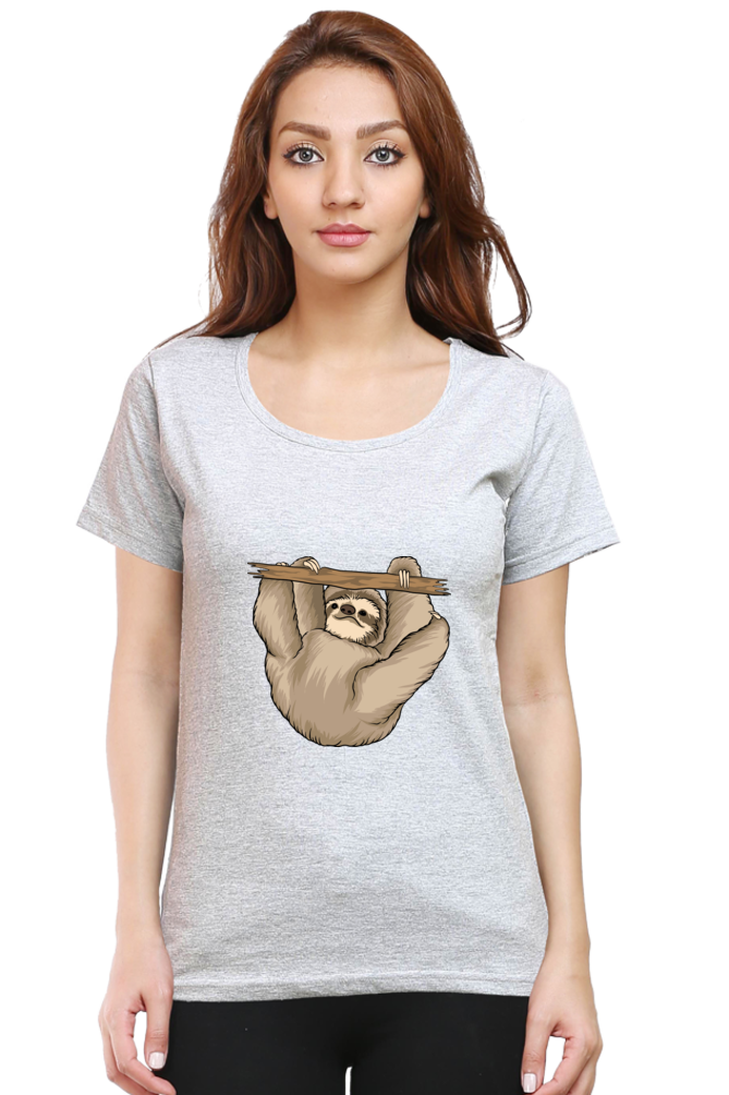 Women’s Round Neck Printed Sloth T-Shirts -  baby sloth playing