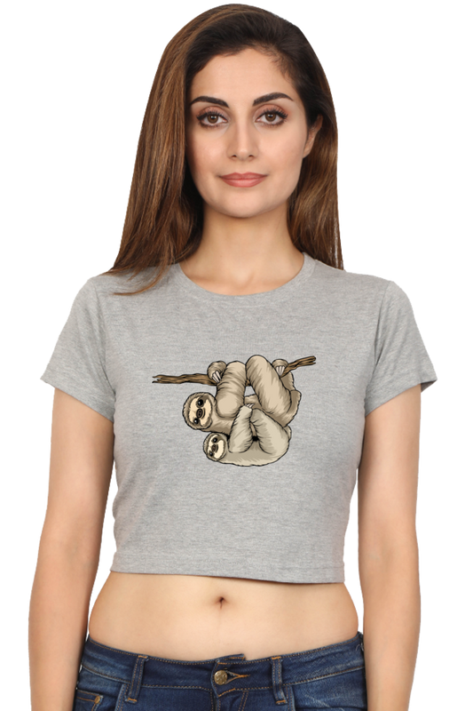 Women Sloth Crop Top - back smile hug