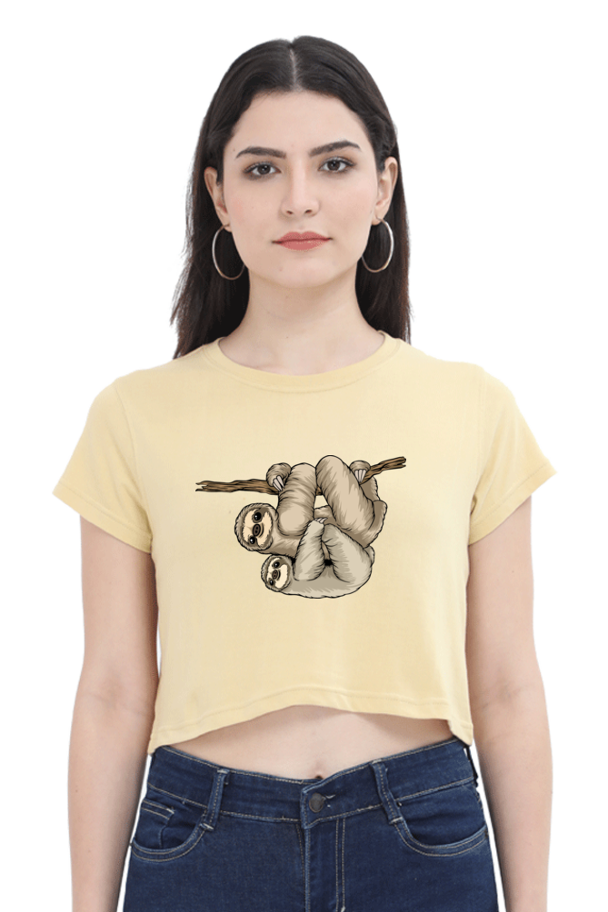 Women Sloth Crop Top - back smile hug
