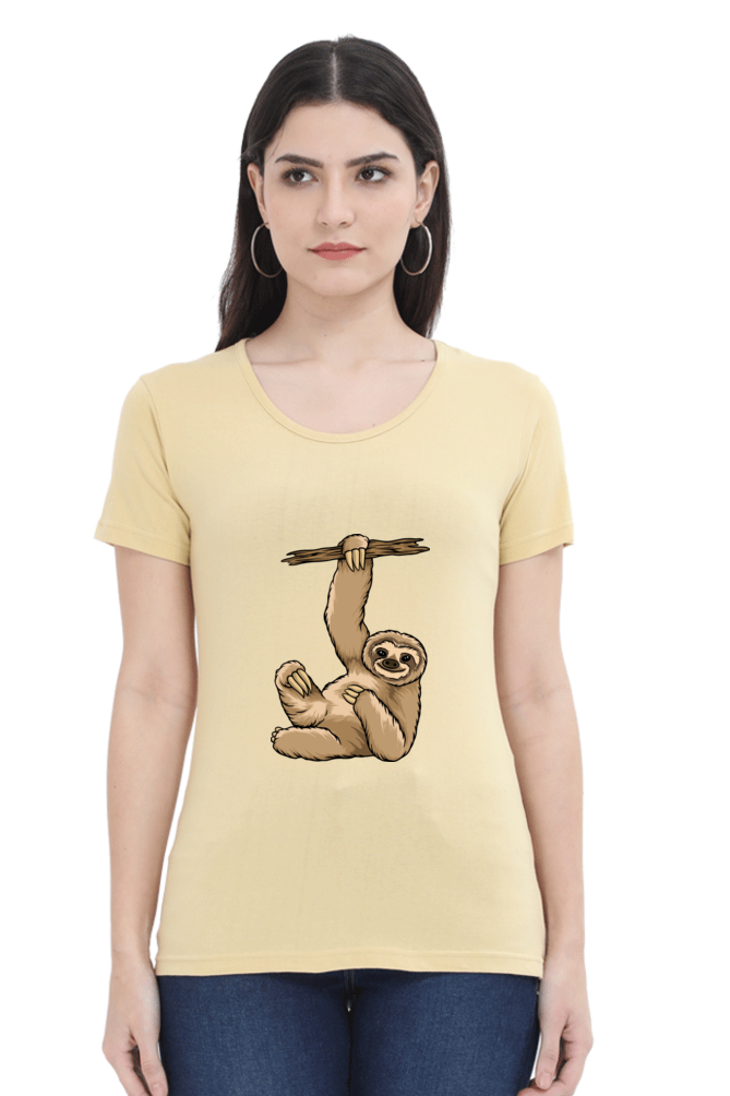 Women’s Round Neck Printed Sloth T-Shirts -  lazy baby sloth