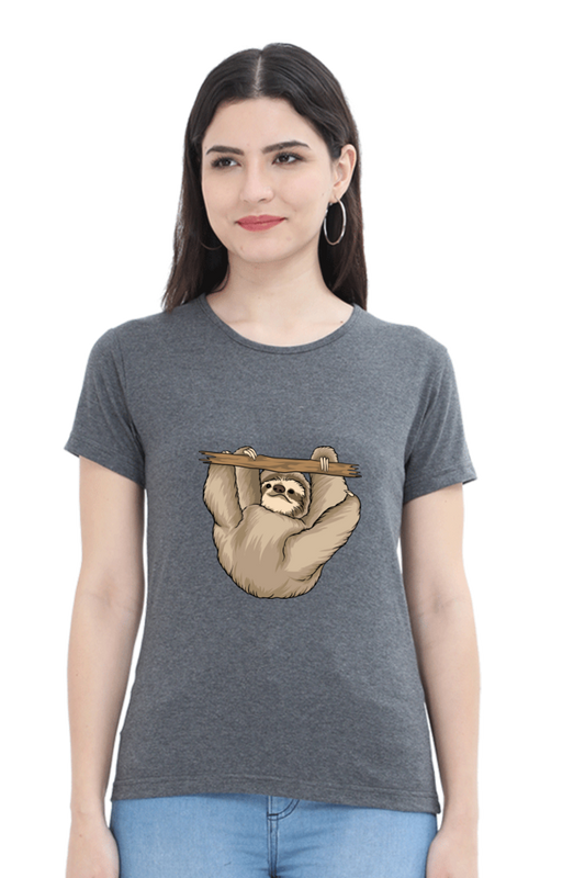 Women’s Round Neck Printed Sloth T-Shirts -  baby sloth playing