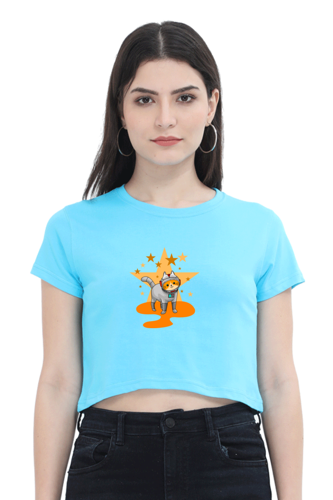 Women Animal's & Monster's  Crop Top -  stars & cat