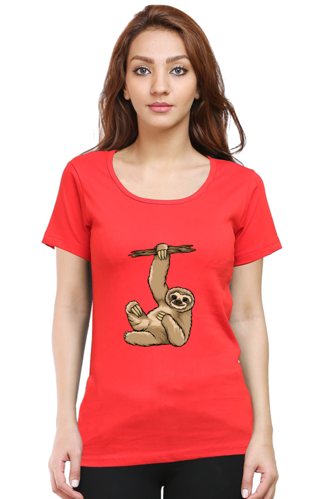 Women’s Round Neck Printed Sloth T-Shirts -  lazy baby sloth
