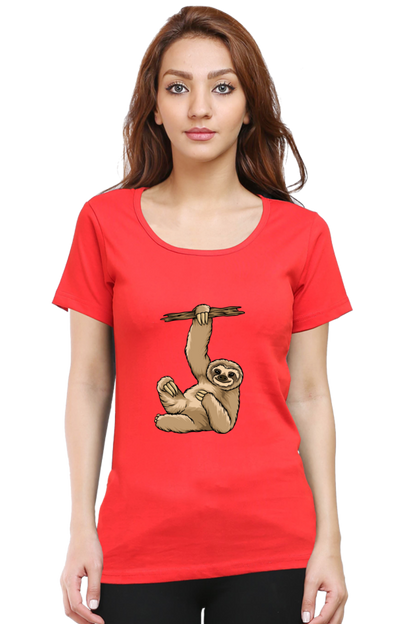 Women’s Round Neck Printed Sloth T-Shirts -  lazy baby sloth