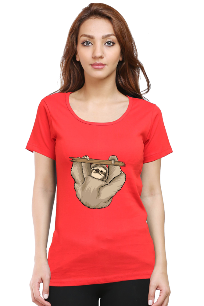 Women’s Round Neck Printed Sloth T-Shirts -  baby sloth playing