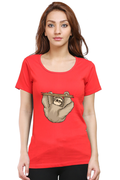 Women’s Round Neck Printed Sloth T-Shirts -  baby sloth playing
