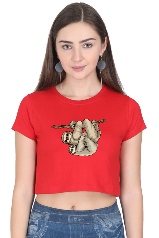 Women Sloth Crop Top - back smile hug