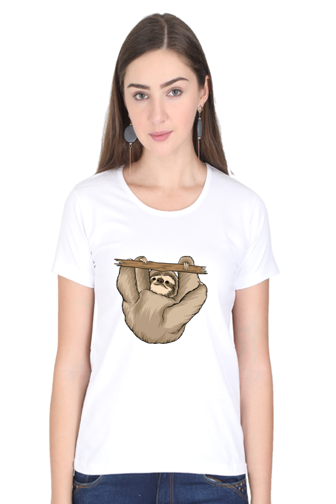 Women’s Round Neck Printed Sloth T-Shirts -  baby sloth playing