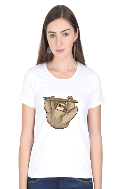 Women’s Round Neck Printed Sloth T-Shirts -  baby sloth playing