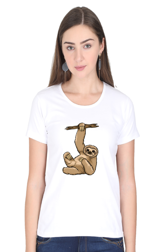 Women’s Round Neck Printed Sloth T-Shirts -  lazy baby sloth