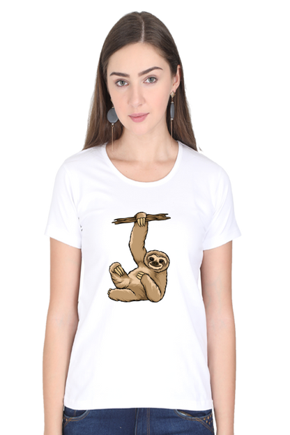 Women’s Round Neck Printed Sloth T-Shirts -  lazy baby sloth