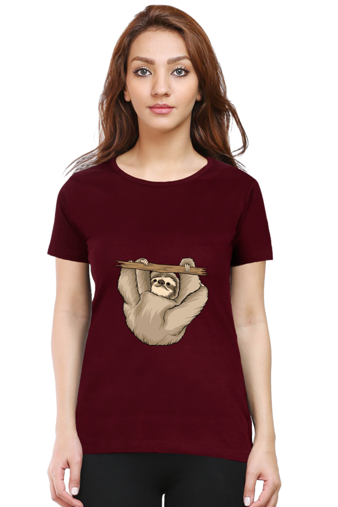 Women’s Round Neck Printed Sloth T-Shirts -  baby sloth playing