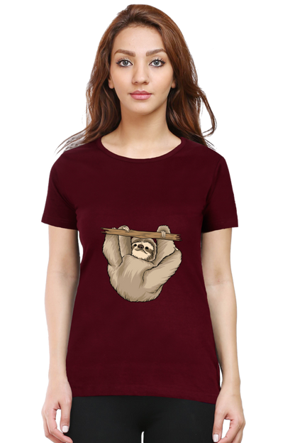 Women’s Round Neck Printed Sloth T-Shirts -  baby sloth playing