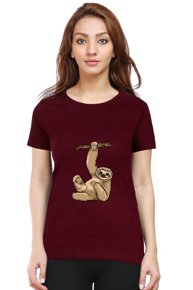 Women’s Round Neck Printed Sloth T-Shirts -  lazy baby sloth