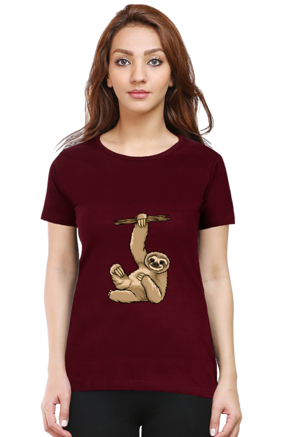 Women’s Round Neck Printed Sloth T-Shirts -  lazy baby sloth