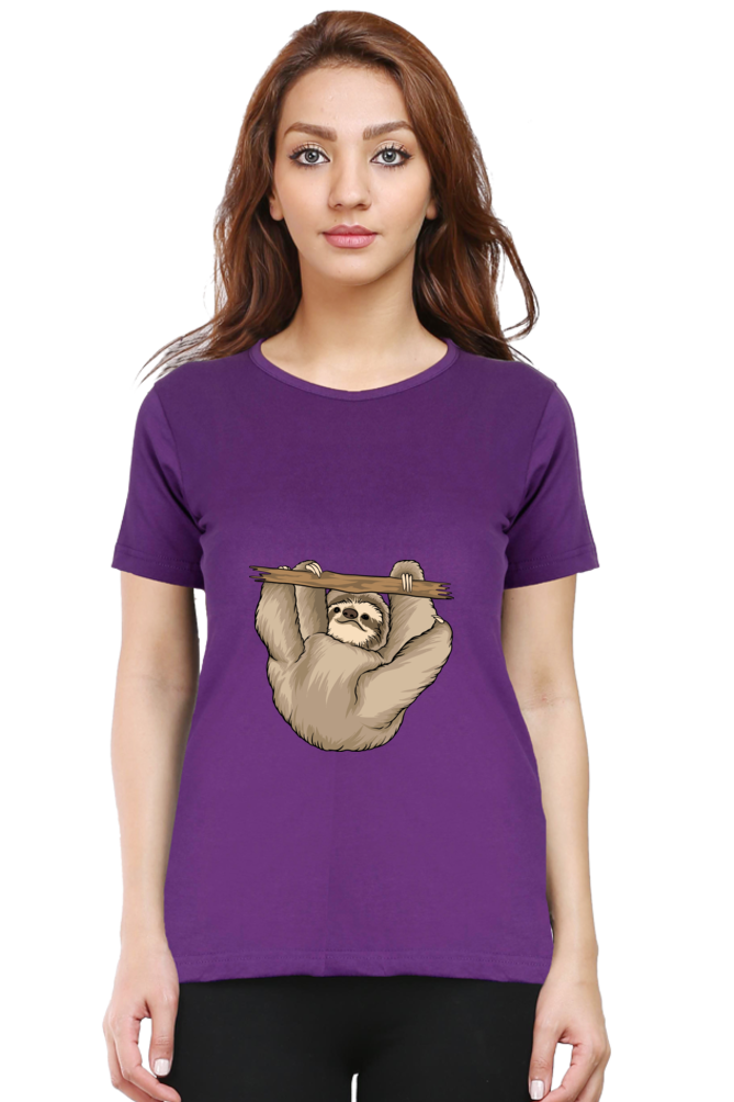Women’s Round Neck Printed Sloth T-Shirts -  baby sloth playing