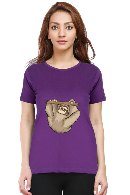 Women’s Round Neck Printed Sloth T-Shirts -  baby sloth playing