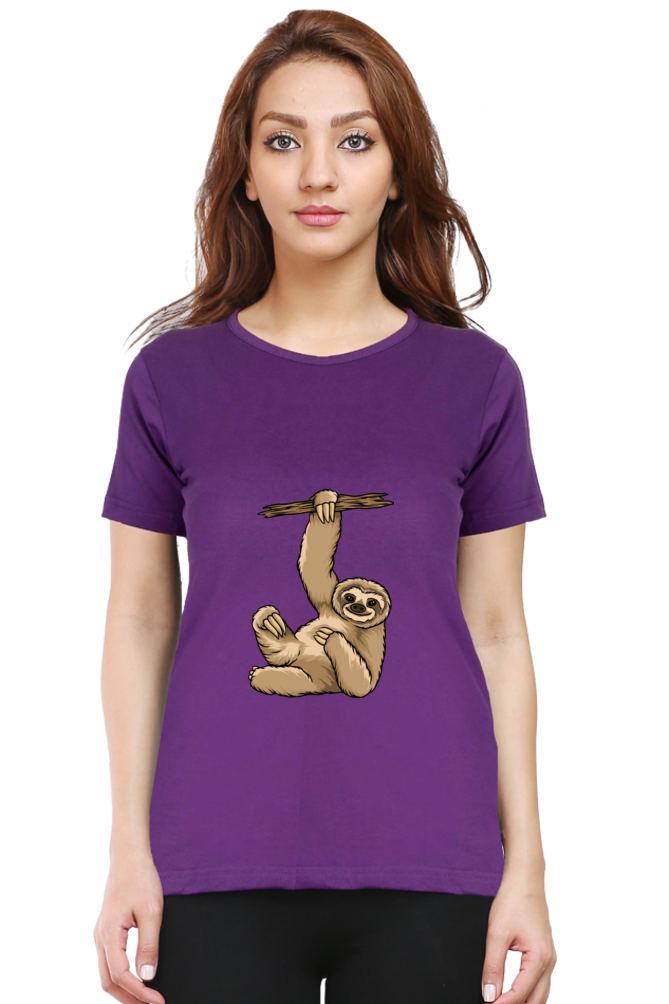 Women’s Round Neck Printed Sloth T-Shirts -  lazy baby sloth