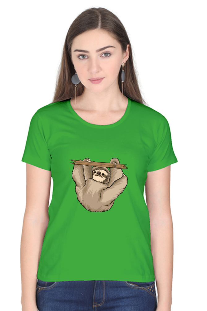 Women’s Round Neck Printed Sloth T-Shirts -  baby sloth playing