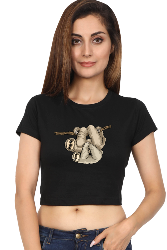 Women Sloth Crop Top - back smile hug