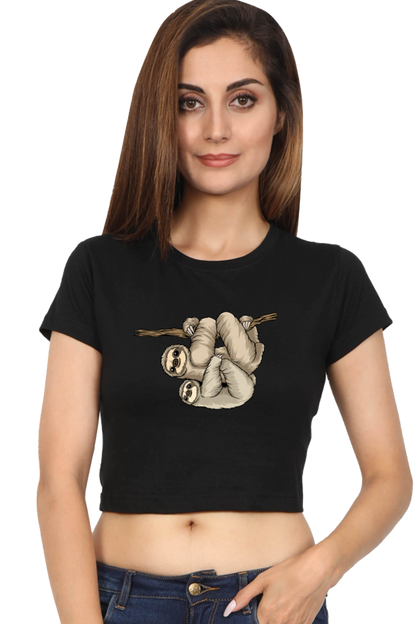 Women Sloth Crop Top - back smile hug