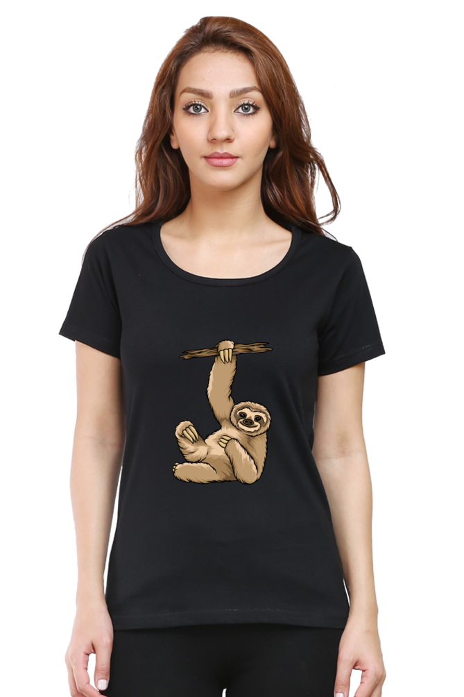 Women’s Round Neck Printed Sloth T-Shirts -  lazy baby sloth