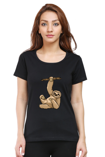 Women’s Round Neck Printed Sloth T-Shirts -  lazy baby sloth
