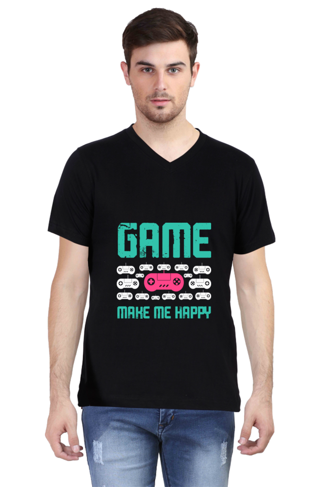 Men's Gamer V Neck T-Shirt - Happy